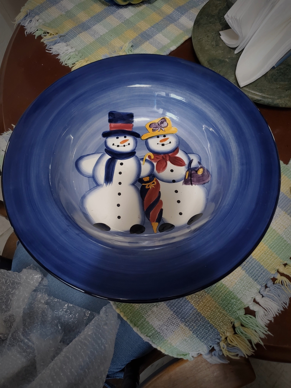 Vintage Blue Snowman Serving Bowl with Festive Accents